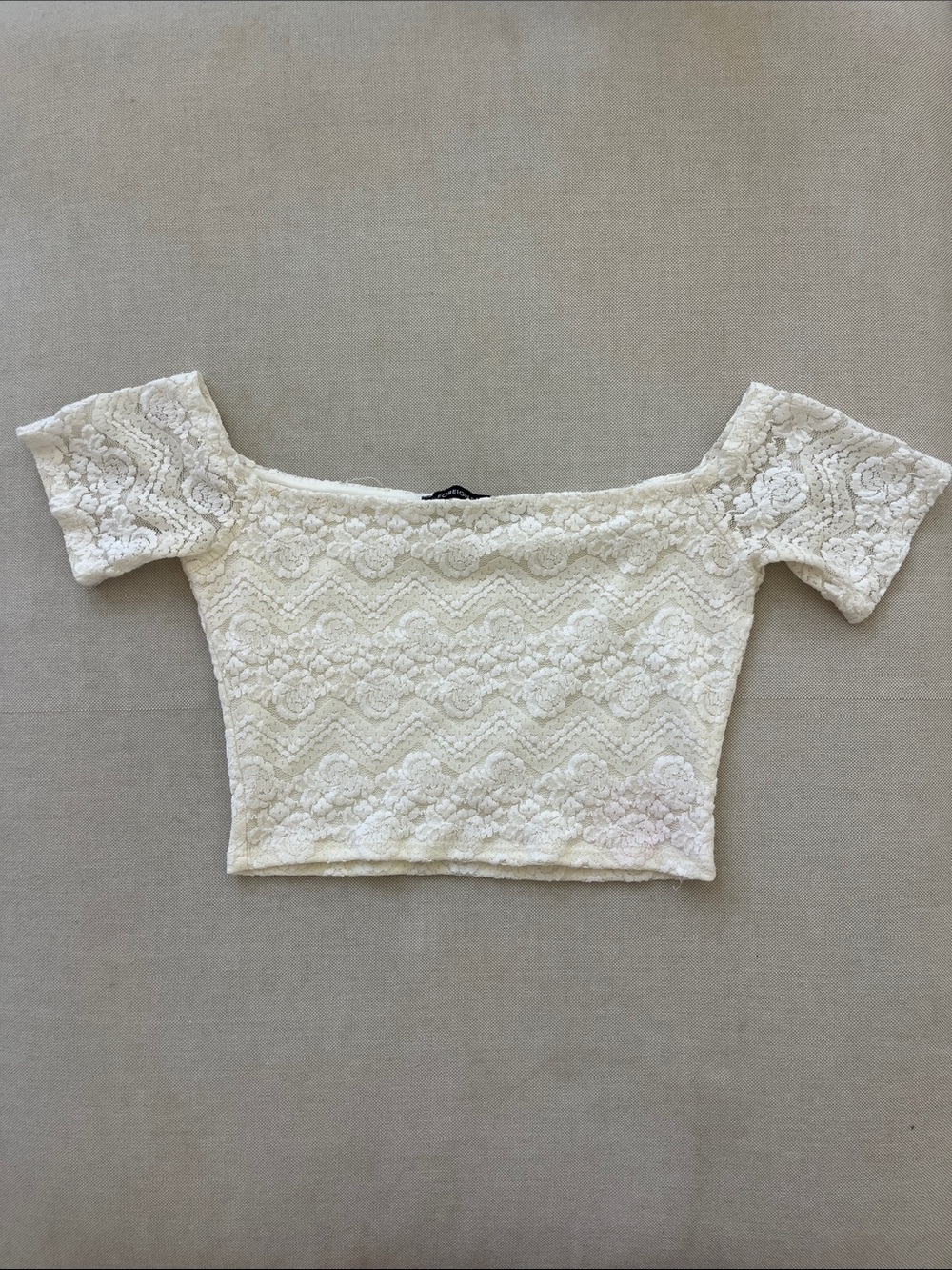 Foreign Exchange Cream Lace Off-Shoulder Crop Top